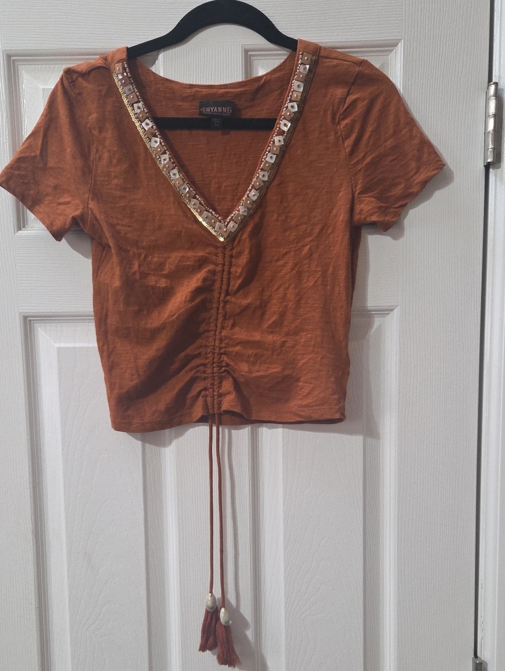Shyanne Rust Orange V-Neck Embellished Crop Tee